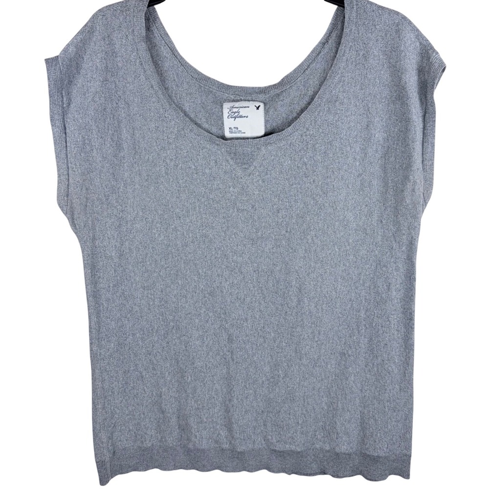 American Eagle Grey Scoop Neck Sweater Top Cap Sleeve Knit Womens XL